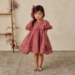 Textured Plum Toddler Dress with Puff Sleeves